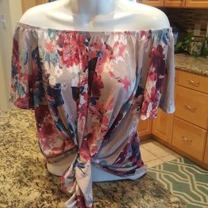 Off shoulder cream with olive/red floral